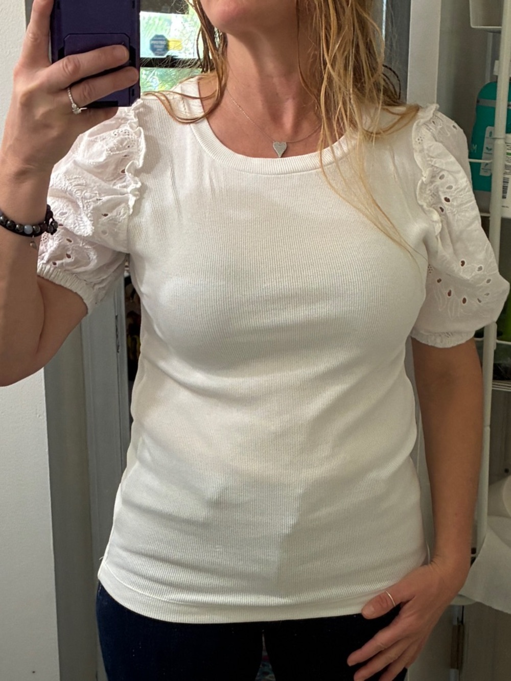 White Puff Sleeve Eyelet Knit Top